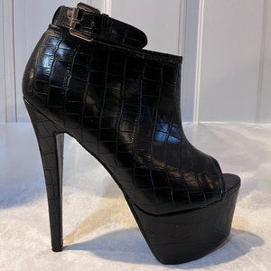 Paper Fox Black High Heel Platform Open Toe Shoes with Ankle Strap Size 9